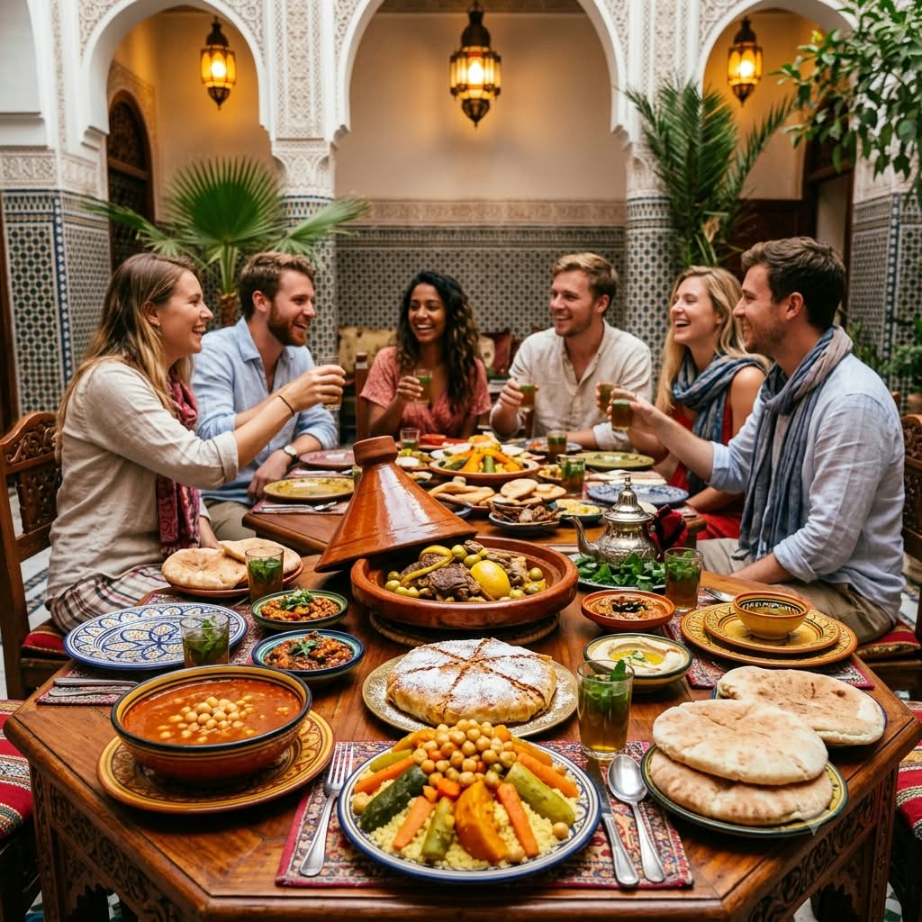 Young travelers sharing a Moroccan feast in a riad courtyard